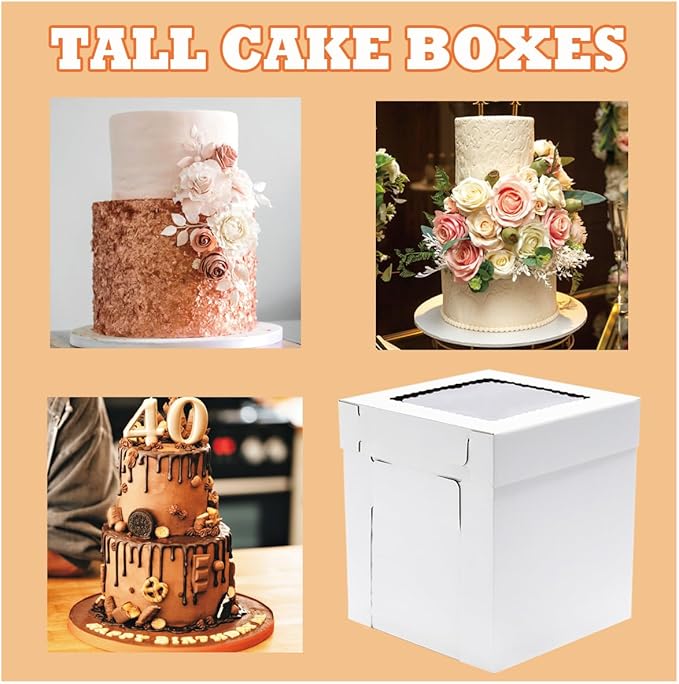 JJO Tall Cake Boxes for Tier Cakes, 6 Pack 12x12x12 Inch,White Cake Boxes with Window,Sturdy Tall Cake Carrier, Disposable Cake Containers