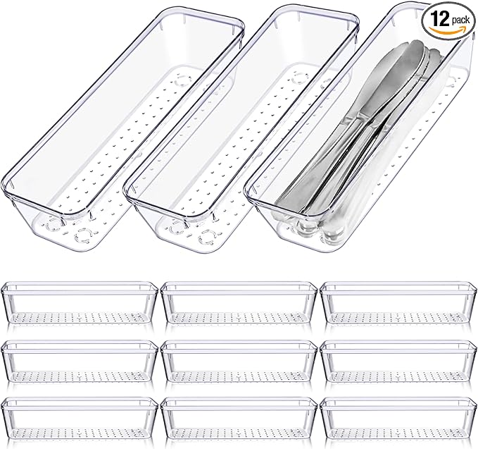 Ysglory 12 Pcs Clear Plastic Drawer Organizer 9 x 3 x 2 Inches Vanity Makeup Drawer Organizer Tray Silverware Utensil Storage Organizers Bins for Kitchen Office Desk Cosmetics and Bathrooms