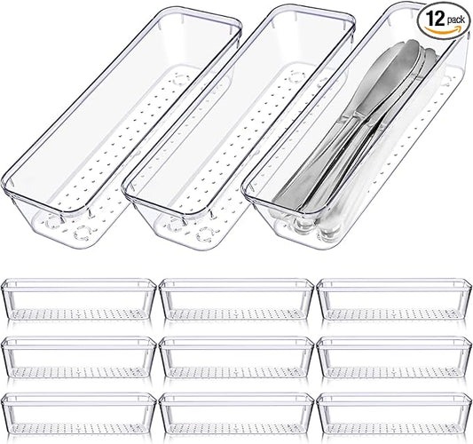 Ysglory 12 Pcs Clear Plastic Drawer Organizer 9 x 3 x 2 Inches Vanity Makeup Drawer Organizer Tray Silverware Utensil Storage Organizers Bins for Kitchen Office Desk Cosmetics and Bathrooms