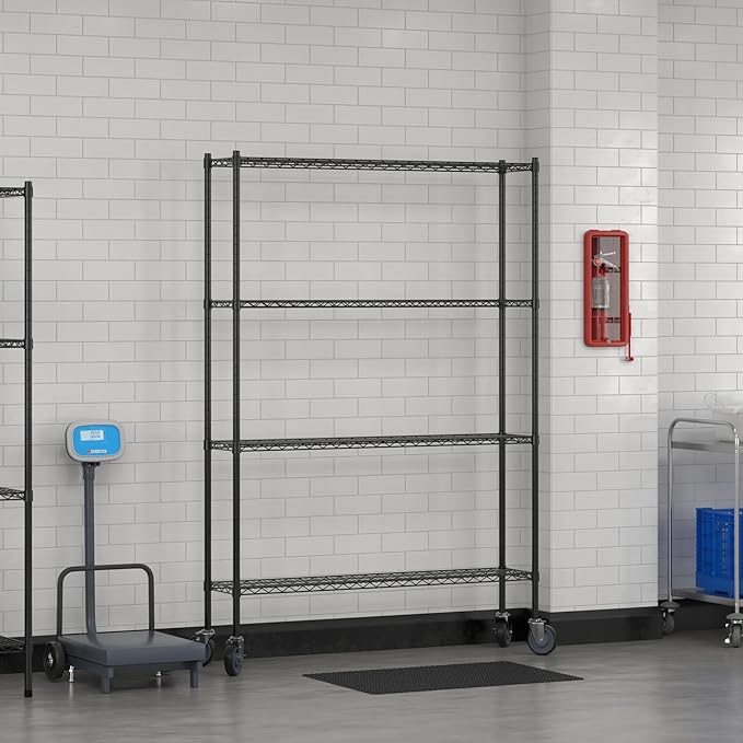 Commercial NSF Listed Black Epoxy Mobile Wire Shelving Kit 12" x 54" x 80", with 4 Shelves Perfect for Warehouse, Walk-in Refrigerator, Freezer, Grocery Store, Restaurant, Dishroom