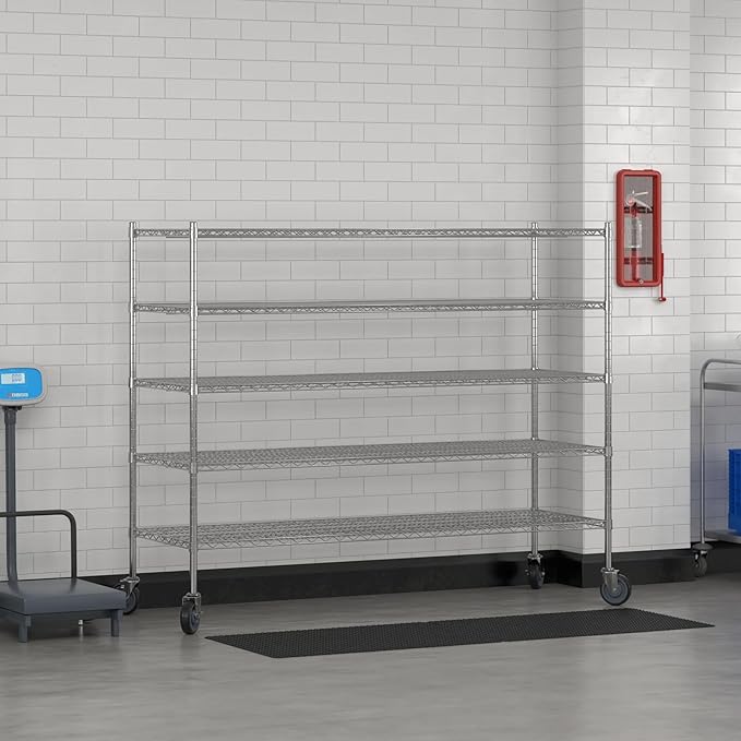Commercial NSF Listed Chrome Mobile Wire Shelving Kit 24" x 72" x 60", with 5 Shelves Perfect for Warehouse, Walk-in Refrigerator, Freezer, Grocery Store, Restaurant, Dishroom