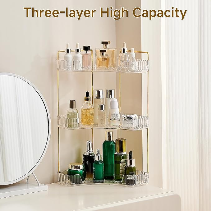 3-Tier Corner Bathroom Counter Organizer, Plastic Countertop Makeup Organizer, Large Capacity Vanity Bathroom Perfume Shelf Rack for Kitchen Office Desktop (Clear)