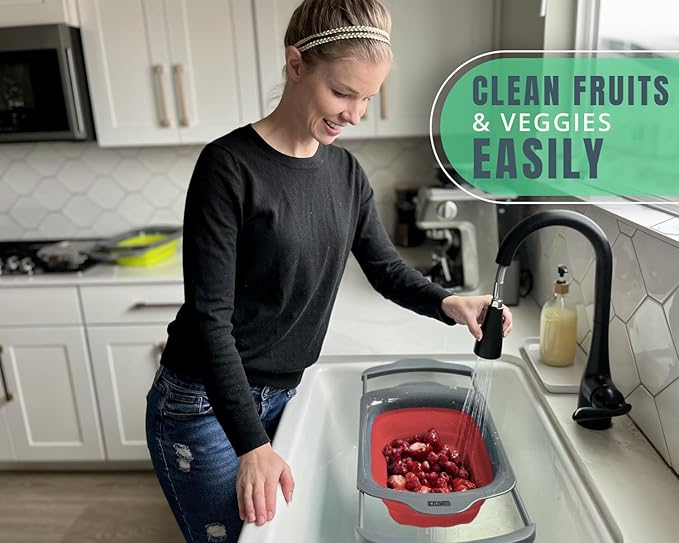 Comfify XL Large Kitchen Strainer - Collapsible Silicone Over-The-Sink Colander with Extendable Handles - Use with Pasta, Fruit, Berries & Veggie - 6 Quart - Red