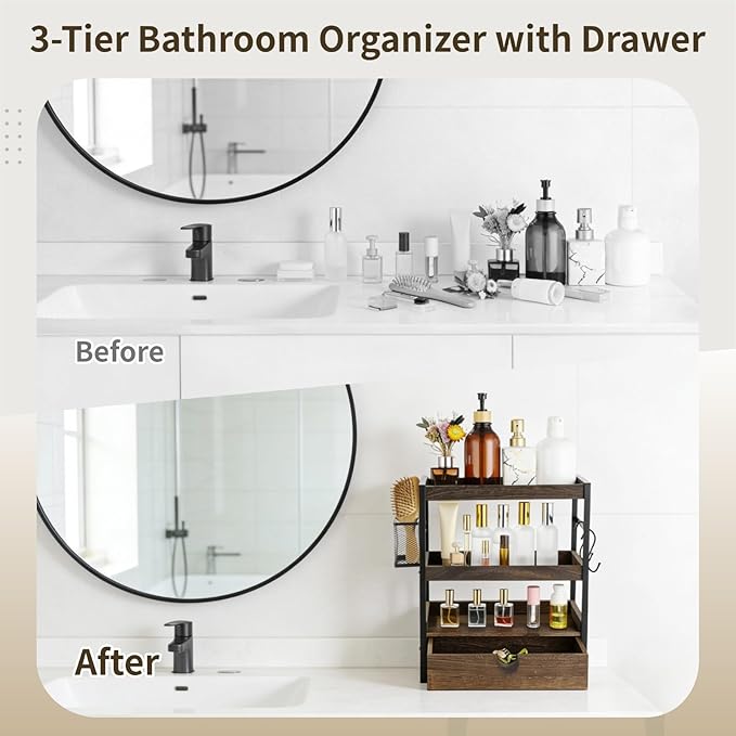 3 Tier Bathroom Countertop Organizer with Drawer, Wood Metal Vanity Shelf with Basket and Hooks, Countertop Storage Rack for Skincare, Perfume, Makeup, Kitchen Coffee Bar