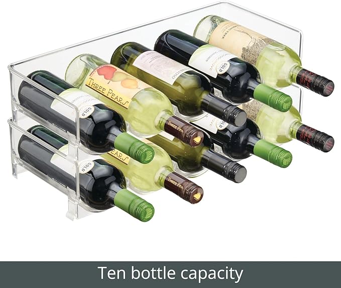 mDesign Plastic Free-Standing Water Bottle and Wine Rack Storage Organizer for Kitchen Countertops, Table Top, Pantry, Fridge - Stackable - Holds 5 Bottles Each, 2 Pack - Clear