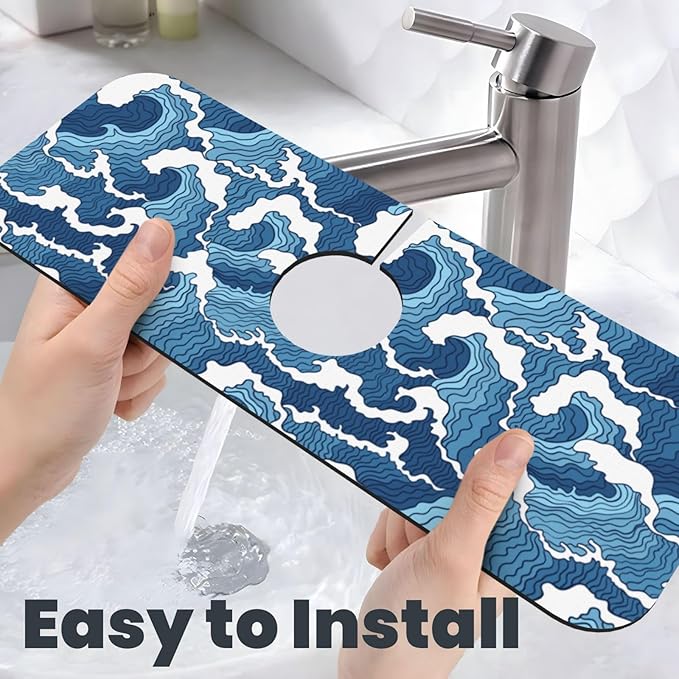 The Great Wave Off Kanagawa Japanese Blue White Kitchen Sink Splash Guard Faucet Mat 1 Pcs, Absorbent Fast Drying Mat Gadgets Splash Guard For Bathroom 15 X 5.5 Inches