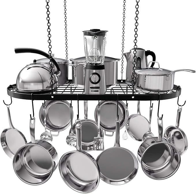 Vdomus Heavy-Duty Hanging Pot Rack - 33x17 Inches - Stylish Black Alloy Steel Ceiling Storage with 15 Hooks - Organize Kitchen Cookware and Utensils - Space-Saving Mounted Overhead Holder