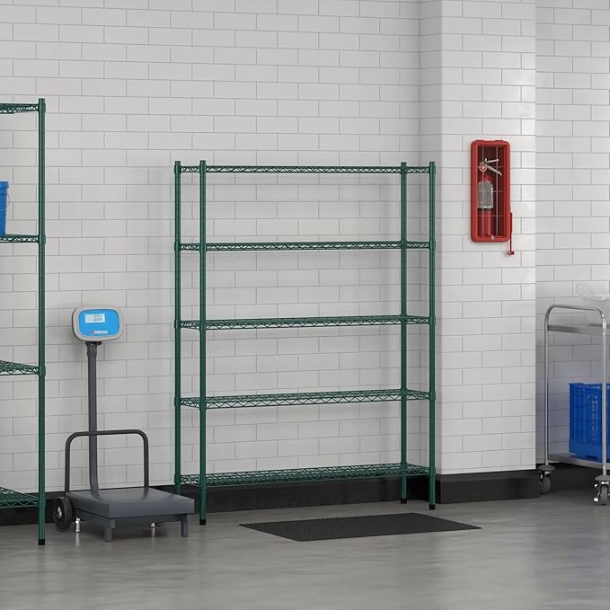 Commercial NSF Listed Green Epoxy Stationary Wire Shelving Kit 12" x 48" x 64", with 5 Shelves Perfect for Warehouse, Walk-in Refrigerator, Freezer, Grocery Store, Restaurant, Dishroom