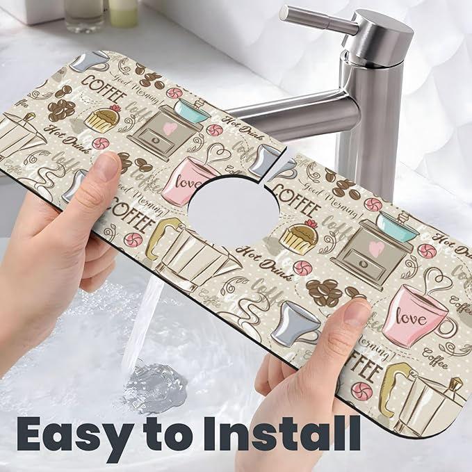 Coffee Time Vintage Espresso Machine Cupcakes Beans Kitchen Sink Splash Guard Faucet Mat 1 Pcs, Absorbent Fast Drying Mat Gadgets Splash Guard For Bathroom 15 X 5.5 Inches