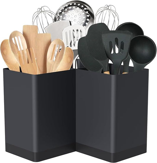 Suli Utensil holder, Kitchen Utensil Organizer for Corner Countertop,Extra Large Silverware Organizer with 3 Compartments,Farmhouse Decor, Iron, Black
