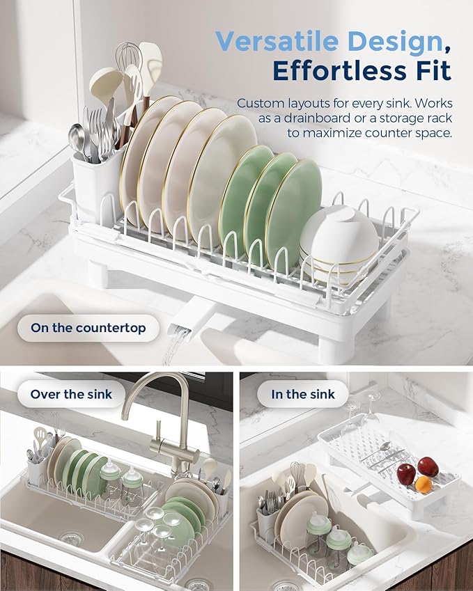 Nacial Small Dish Drying Rack with Utensil Holder, Expandable Dish Rack Over Sink with Auto-Drain Tray, Compact Dish Drainer for Kitchen Counter, Stainless Steel Dish Rack Fits 14''–21.8'' Sink, White