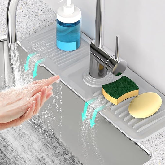 17.7'' Faucet Mat for Kitchen Sink [5°Slope Fast Self-draining] Kitchen Sink Splash Guard Silicone Sink Faucet Mat Splash Guard Kitchen Sink Area Tidy Splash Faucet Guard Draining Mat-Light Gray