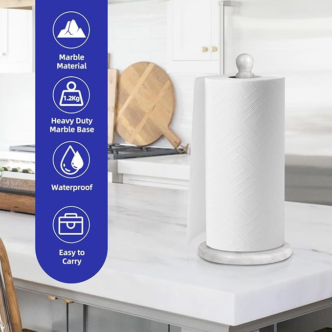 Handmade Marble Paper Towel Holder - 12" Upright Paper Roll Dispenser with Heavy Non-Slip Base for Easy One-Handed Tear - Ideal for Kitchen Countertops, Cabinets, and Bathrooms-White & Light Grey…