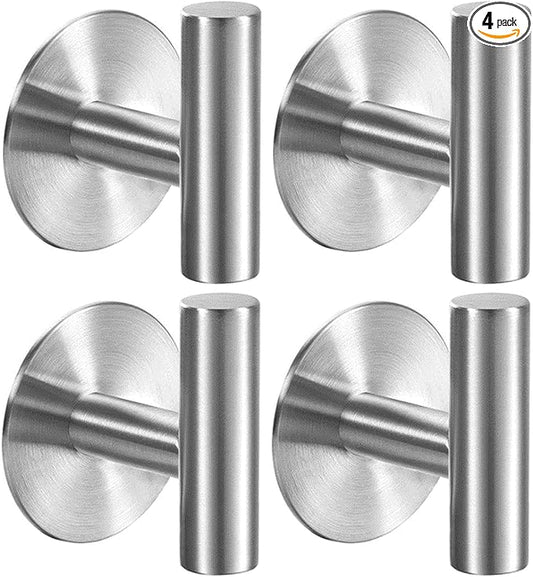 Adhesive Hooks Heavy Duty Wall Hooks Stainless Steel Waterproof Shower Hooks, Adhesive Holders Coat Robe Hooks for Hanging, Wall Mounted Towel Hooks for Bathroom Kitchen - 4 Pack