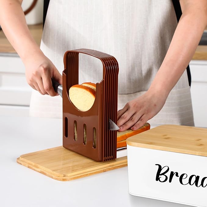 2 Pcs Extra Large Bread Box with Slicer, Metal Farmhouse Bread Storage Container with Bamboo Cutting Board Lids Multi-size Breadbox Set for Kitchen Countertop (White)