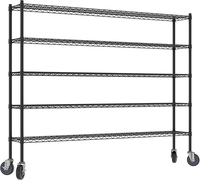 Commercial NSF Listed Black Epoxy Mobile Wire Shelving Kit 12" x 72" x 60", with 5 Shelves Perfect for Warehouse, Walk-in Refrigerator, Freezer, Grocery Store, Restaurant, Dishroom