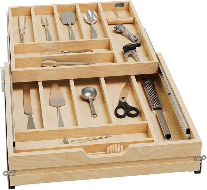 Rev-A-Shelf Two-Tier Kitchen Utensil Drawer Organizer & Pullout Cutlery Tray, Soft-Close Slides, 24" Base & 21" Cabinet Opening, Wood, 4WTCD-24HSC-1