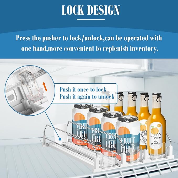 Drink Organizer for Fridge, Adjustable Width Soda Can Dispenser for Refrigerator Organizers and Storage, 3 Rows Beer Bottle Beverage Holder with Pusher Glide (14.96" D, White)