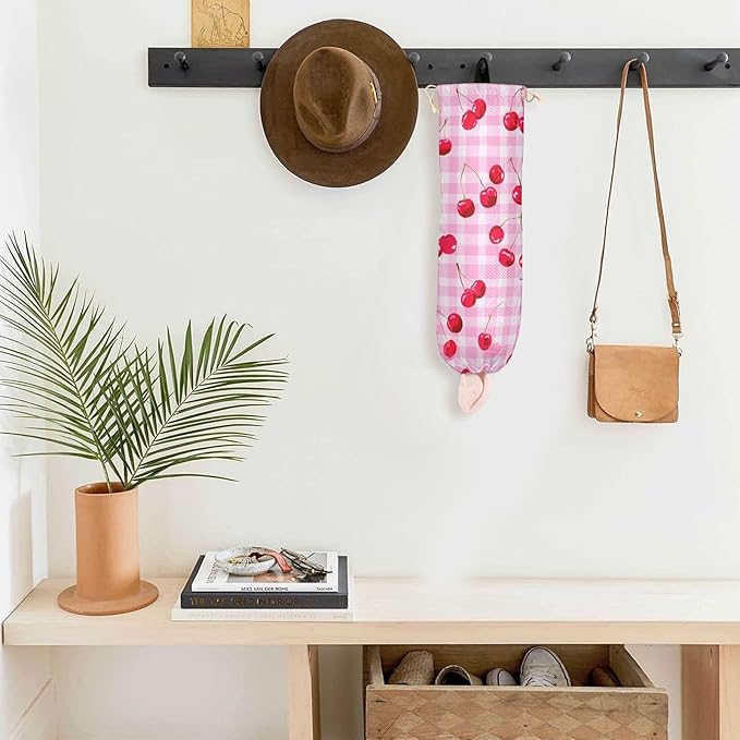 Plastic Bag Holder Wall Mount Grocery Bag Shopping Bag Storage Holder Organizer Dispenser with Adhesive Hook,for Kitchen Bathroom Home Decor 9x22 Inches Pink Juicy Checkered Cherry30