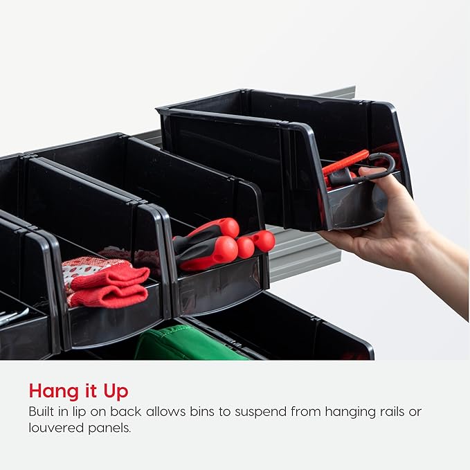 IRIS USA Medium Stackable Storage Bins, 4-Pack, 11"L x 6"W x 5"H, |Made in USA|, Plastic Open Front Shelf Bin for Organizing Parts, Hardware, Tools, Supplies, Garage Shelf, Pantry - Black