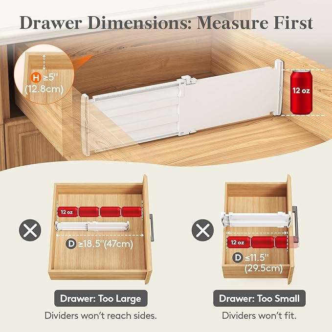 Lifewit 5" Tall 12 Pack Deep Drawer Dividers, 11.5-18.5" Expandable Drawer Divider for Clothes, White Dresser Drawer Storage Organizers, Clothing Drawers Separators for Dresser, Kitchen, Bedroom