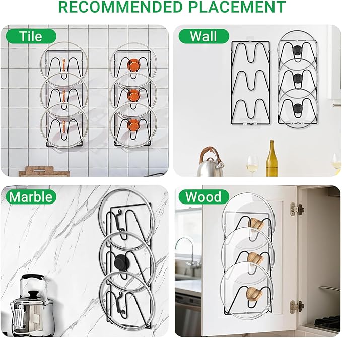 2 Pack Pot Lid Organizer for Cabinet Door Wall, 3-Tier Stainless Steel Wall-mounted Pot Lid Rack Holder inside Cabinet Door, Anti-slip No Drilling Rustproof Pot Lid Organizer for Kitchen Storage