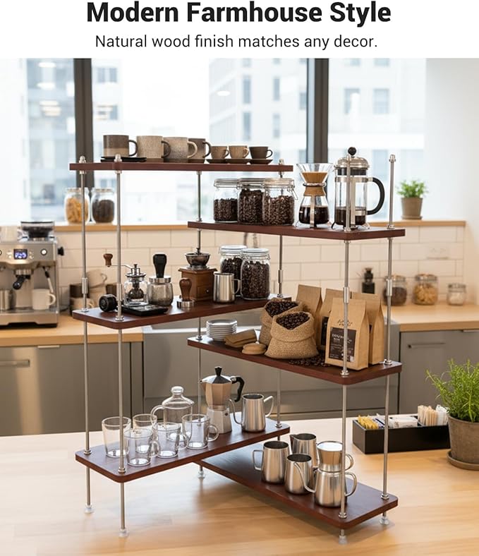 VINIUSIKI Adjustable 6 Tier L-Shaped Countertop Shelf Organizer, Kitchen Spice Rack for Countertop, Wood Coffee Counter Shelf Organizer for Home - 15.7"x15.7"x24.01" (LxWxH), Auburn
