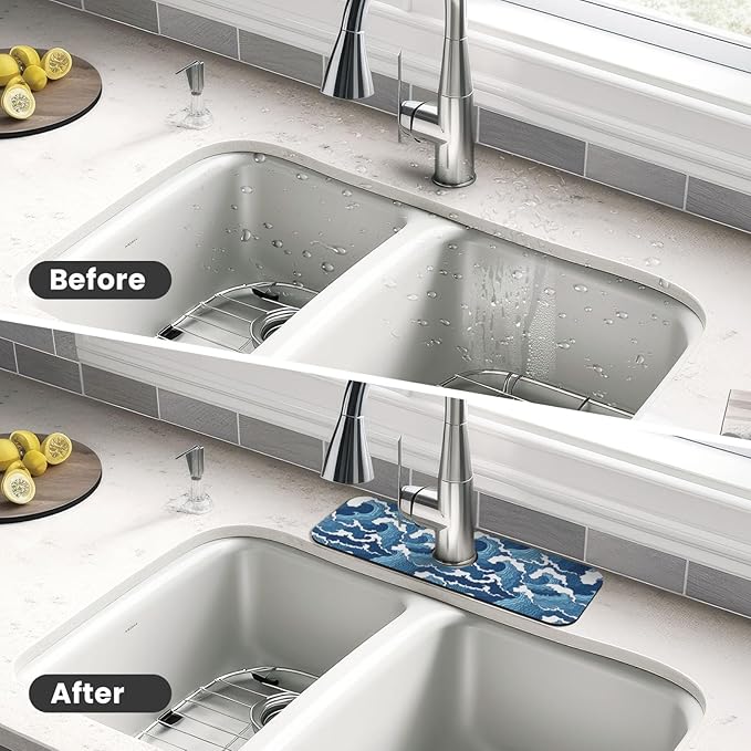 The Great Wave Off Kanagawa Japanese Blue White Kitchen Sink Splash Guard Faucet Mat 1 Pcs, Absorbent Fast Drying Mat Gadgets Splash Guard For Bathroom 15 X 5.5 Inches