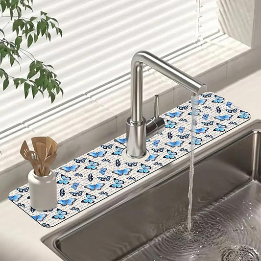 Sink Splash Guard Faucet Mat Watercolor Butterflies Absorbent Fast Drying Mat Sink Gadgets Splash Guard Behind Faucet Drip Catcher for Kitchen Bathroom 23.5"X5.5"