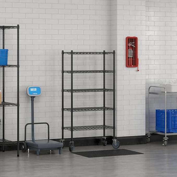 Commercial NSF Listed Black Epoxy Mobile Wire Shelving Kit 14" x 30" x 60", with 5 Shelves Perfect for Warehouse, Walk-in Refrigerator, Freezer, Grocery Store, Restaurant, Dishroom