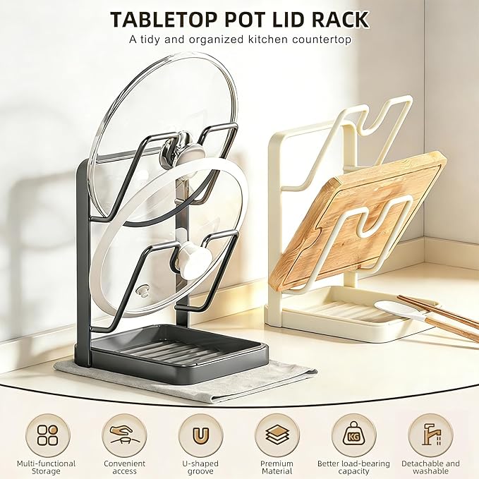 Kitchen Pot Lid Organizer Countertop - Carbon Steel Spoon Rest, Cutting Board Holder with Drip Tray, Rust-Resistant Farmhouse Storage Rack (A-White Single-layer)