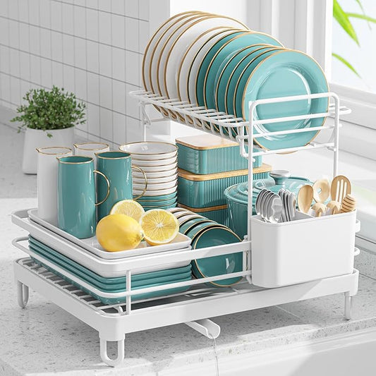 Dish Drying Rack - X-Large Stainless Steel Dish Rack for Kitchen Counter, 2-Tier Kitchen Organizers and Storage for Dishes, Bowls, Cutlery, White