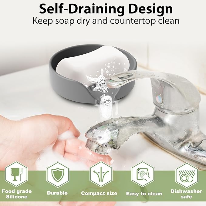 Self Draining Soap Dish, Silicone Soap Holder with Suction Cup and Drain Spout, Kitchen Bathroom Sink Organizer, Dish Soap Bar Tray Savers Sponge Holder, Perfect for Dispenser, Scrubber, Bottle, Cup