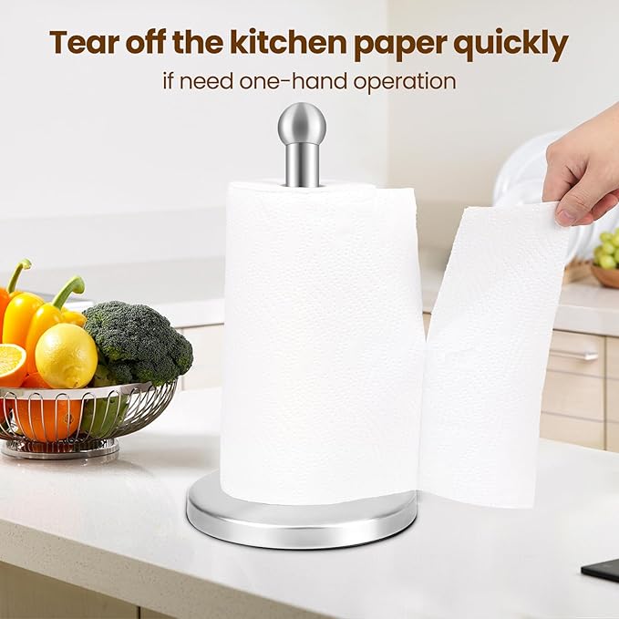 Paper Towel Holder, Kitchen Paper Towels Holder Stand, Stainless Steel Paper Towel Holder -Weighted Base, Non-Slip Protect The countertop - Silver