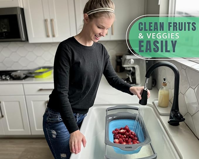 Comfify XL Large Kitchen Strainer - Collapsible Silicone Over - The-Sink Colander with Extendable Handles - Use with Pasta, Fruit, Berries & Veggie - 6 Quart - Blue