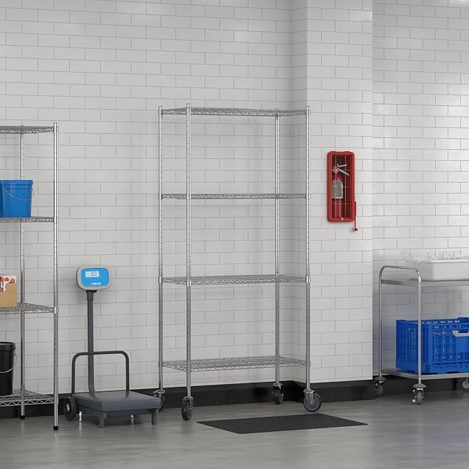Commercial NSF Listed Chrome Mobile Wire Shelving Kit 18" x 36" x 80", with 4 Shelves Perfect for Warehouse, Walk-in Refrigerator, Freezer, Grocery Store, Restaurant, Dishroom