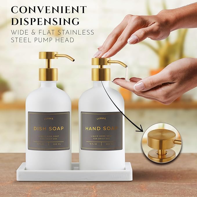 Lotion, Hand & Dish Soap Dispenser for Kitchen & Bathroom | Soap Dispenser Set of 2 16.8 Oz Glass Bottles with Stainless Steel Pump, 15 Water Proof Labels & Silicon Tray (White/Gold)