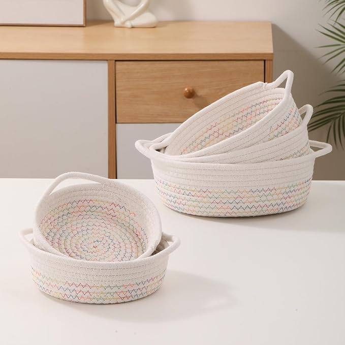 Small Storage Woven Baskets Shelves Natural Cotton Rope Bins with Handle Toilet Tank Paper for Countertop Cute Gifts Organizing Mini Nursery 5 Set box (White)