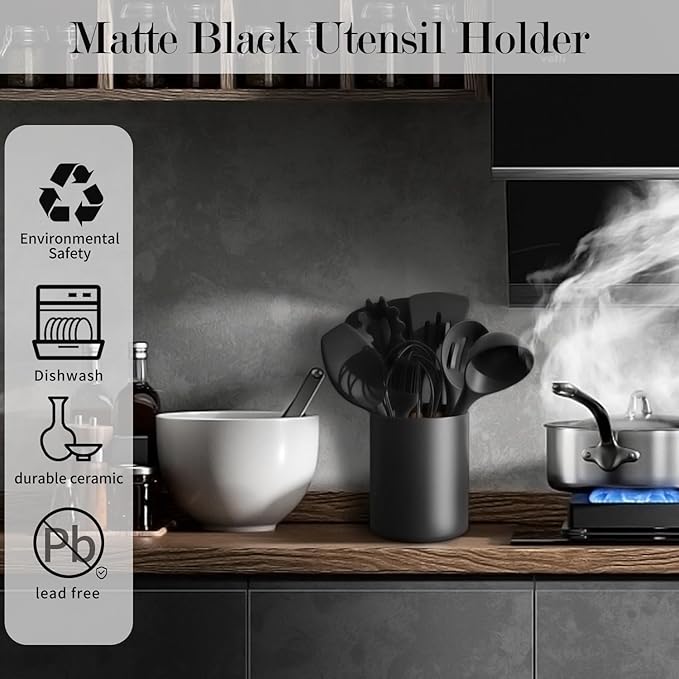 demany Black Utensil Holder for Kitchen Countertop Easy to Clean, Matte Ceramic Cooking Utensil Crock for Counter, Spatula Holder for Farmhouse Décor 4.6×6.5 INCH