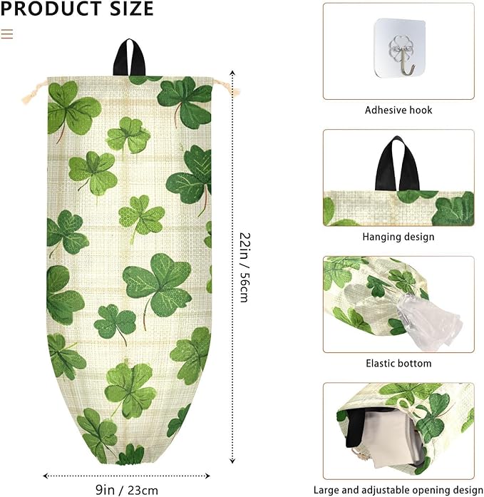 Plastic Bag Holder Wall Mount Grocery Bag Shopping Bag Storage Holder Organizer Dispenser with Adhesive Hook,for Kitchen Bathroom Home Decor 9x22 Inches Beige Checkered Clovers01