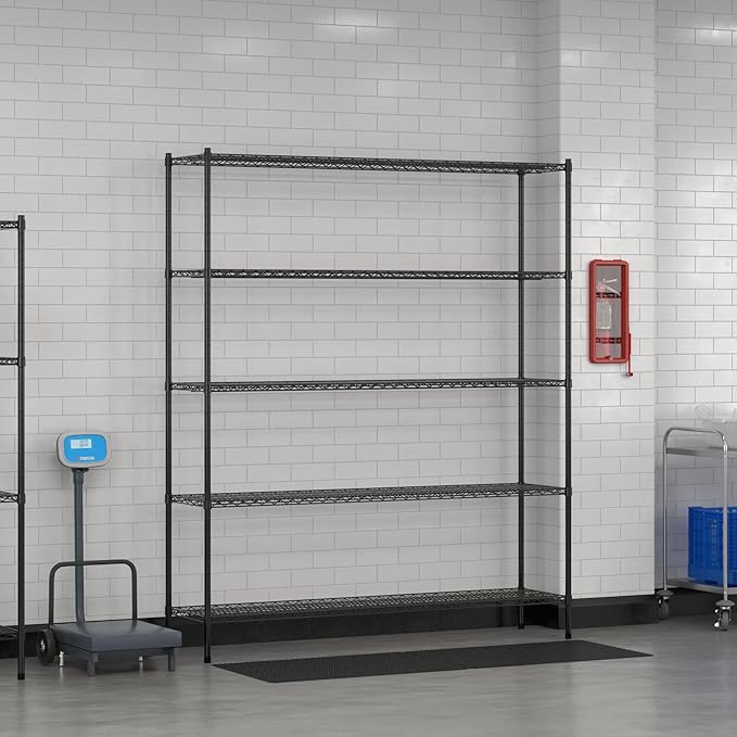 Commercial NSF Listed Black Epoxy Stationary Wire Shelving Kit 18" x 72" x 86", with 5 Shelves Perfect for Warehouse, Walk-in Refrigerator, Freezer, Grocery Store, Restaurant, Dishroom