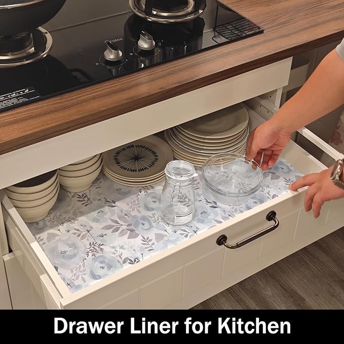 Amiitay Blue Peony Shelf and Drawer Liner for Kitchen,Non-Adhesive and Strong Non-Slip Floral Cabinet Drawer Liners for Kitchen Shelf, Waterproof Cupboard Liners,Easy to Clean,12IN x 10FT