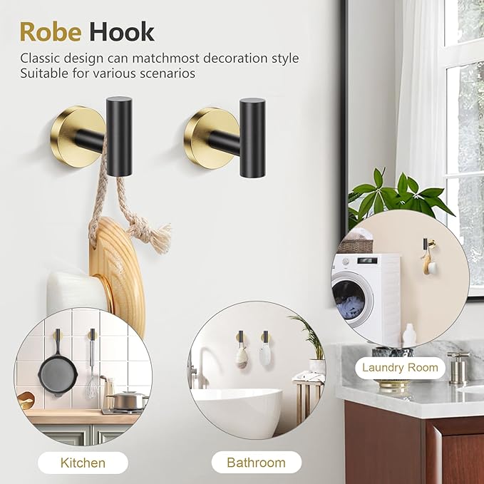 TQKAG Black and Gold 5 Piece Bathroom Hardware Accessories Set 23.6" SUS304 Stainless Steel Bathroom Towel Bar Holder Sets Double Post Pivoting Toilet Paper Holder Set Wall Mounted