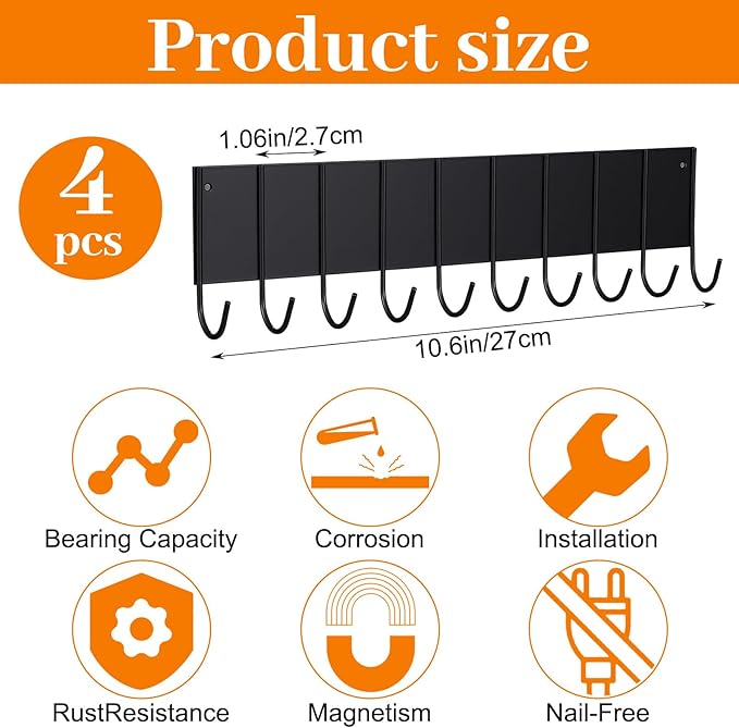 4 Pcs Magnetic Key Holder For Fridge With 10 Hooks, Magnetic Utensil Holder For Wall, Strong Magnet Keys Hanger Hooks Organizer, Magnent Key Rack For Kitchen Metal Door Garage Grill Tools Towel Purse