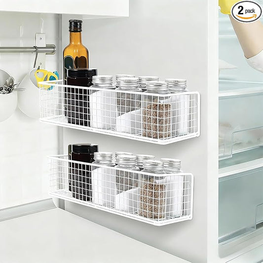 2 Pack Magnetic Basket for Fridge, Magnetic Spice Rack for Side of Refrigerator, Magnet Wire Bin Basket Fridge Shelf Organizer Kitchen Classroom Whiteboard Pantry Office Laundry Storage, White