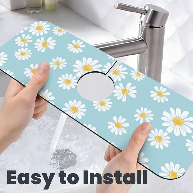 Beautiful Daisy Flower Floral Kitchen Sink Splash Guard Faucet Mat Super Absorbent Fast Drying Mat Sink Gadgets-Fast Drying Pad Sink Mat For Kitchen Bathroom (15" X 5.5" )