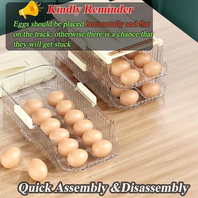 Egg Holder for Fridge Automatic Rolling, Egg Storager Container Organizer Dispenser for Refrigerator Stackable Removable Inner Tray, Egg Accessories (Clear, 1 Row-2 Tiers)