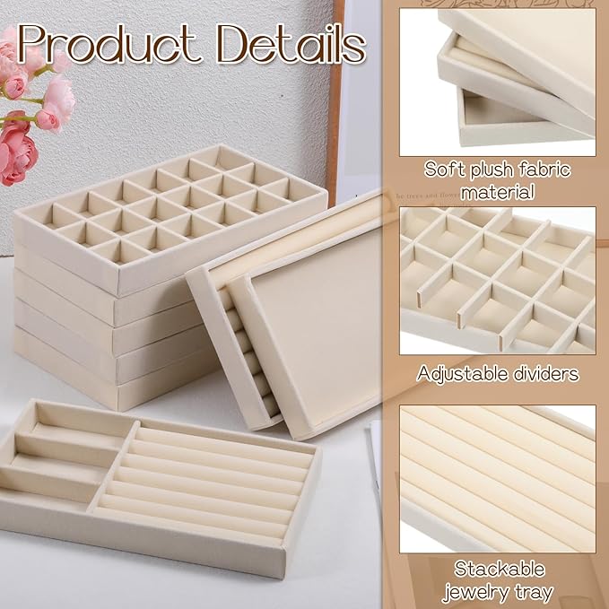 10 Pack Beige Jewelry Organizer Tray, Jewelry Drawer Organizer Inserts with Removable Dividers Stackable Velvet Ring Earring Storage for Rings Earrings Necklace Bracelet Watch Storage