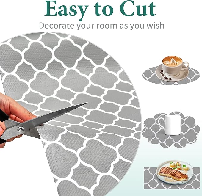 Shelf Liners for Kitchen Cabinets 17.3in x 20FT Non Adhesive Drawer Liner Gray Quatrefoil Thickened Shelf Liner Strong Non-Slip Easy to Clean for Tool Box Refrigerator with Knife and Tape Measure