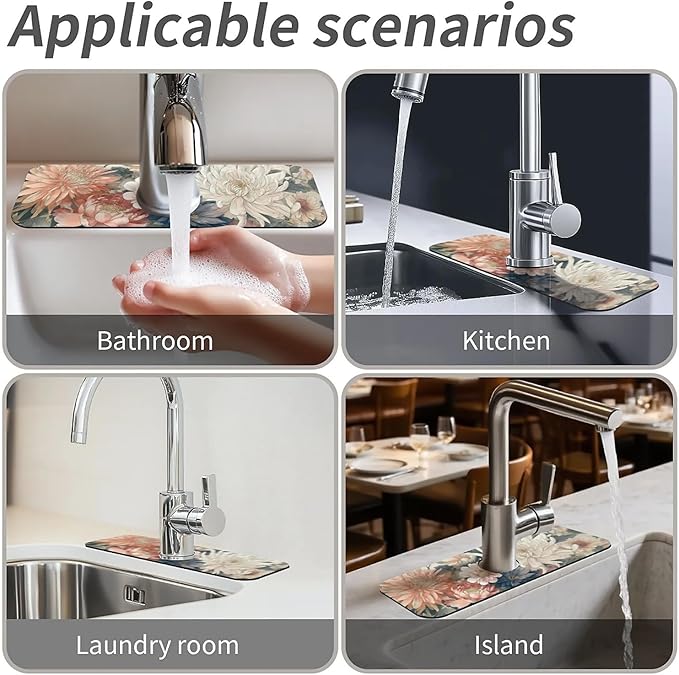 Kitchen Sink Splash Guard，Array of flowers Faucet Mat Sink Gadgets-Super Absorbent Fast Drying Mat Drip Catcher for Kitchen, Bathroom,Sink Mat, Dish Drying Mat, Bathroom(15" X 5.5" )